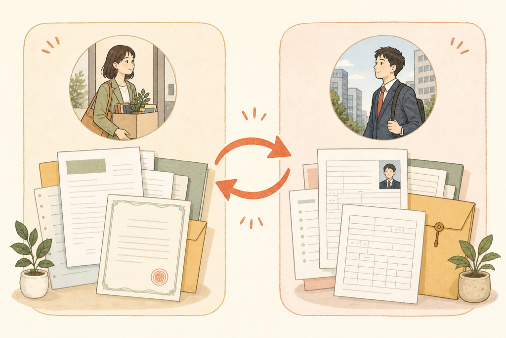 退職時に受け取る書類と入社時に提出する書類を対比した図解