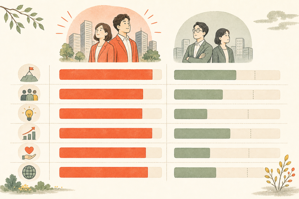 2社を基準ごとに点数化して棒グラフ風に比較する図