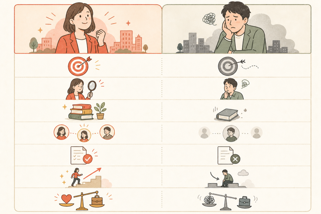 成功する人と失敗する人の7つの違いを左右で対比した図