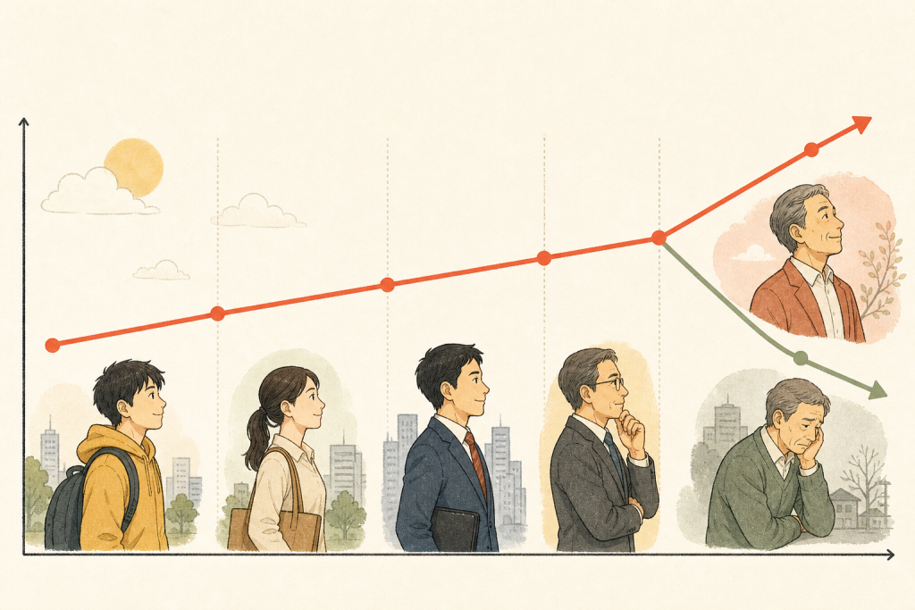 年代が上がるほど年収の動きが二極化する様子を示す図