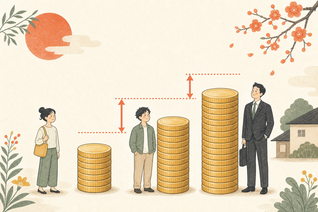 年収帯ごとに手取りが一定額ずつ増える差を示す棒グラフ風の図