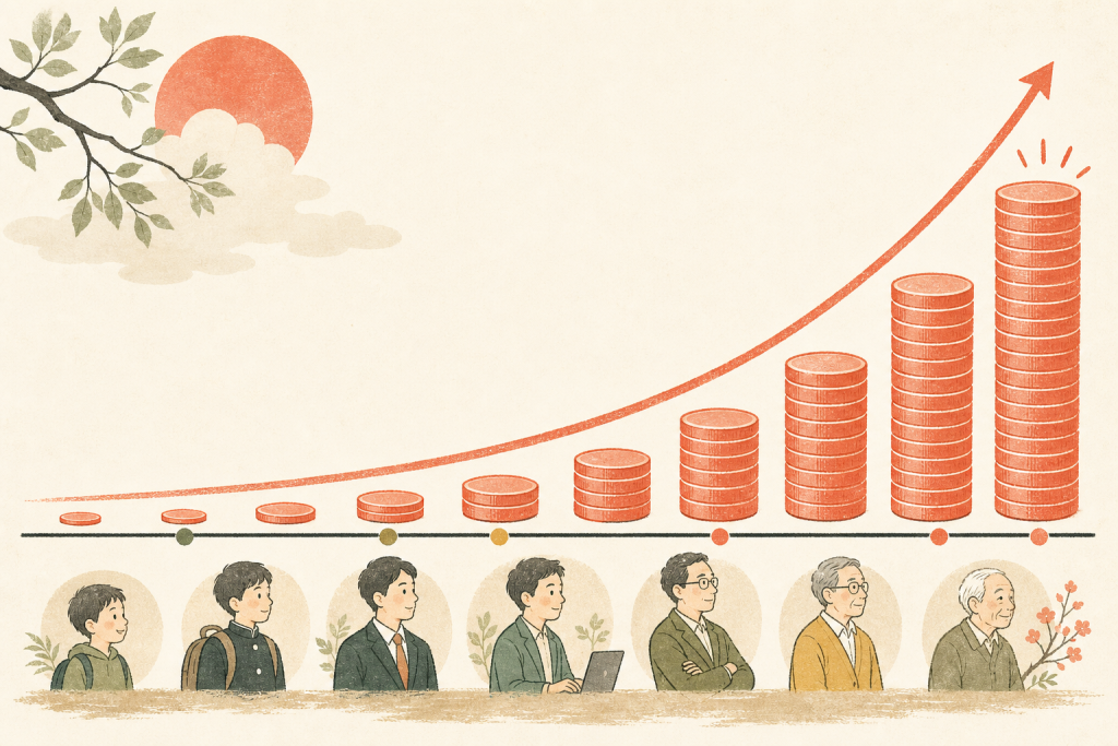 勤続年数が長いほど退職金が加速して増える様子を示す図