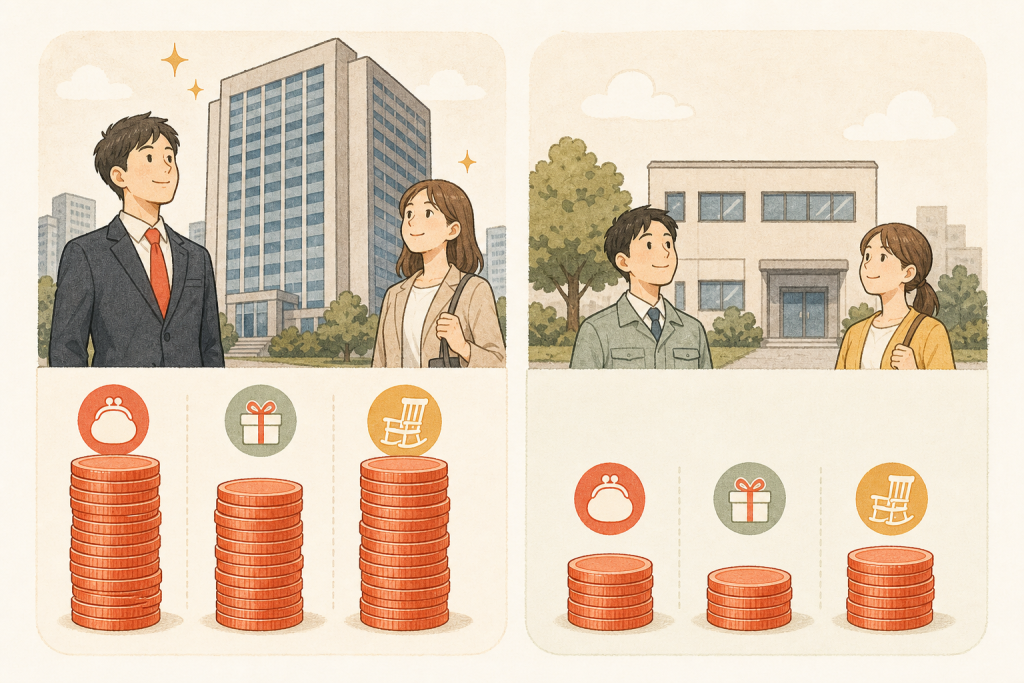 月給・賞与・退職金で大企業と中小企業の差がつくことを示す比較図