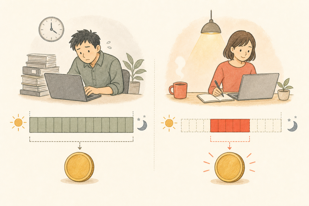 同じ年収でも残業時間で時給が変わることを示す比較図