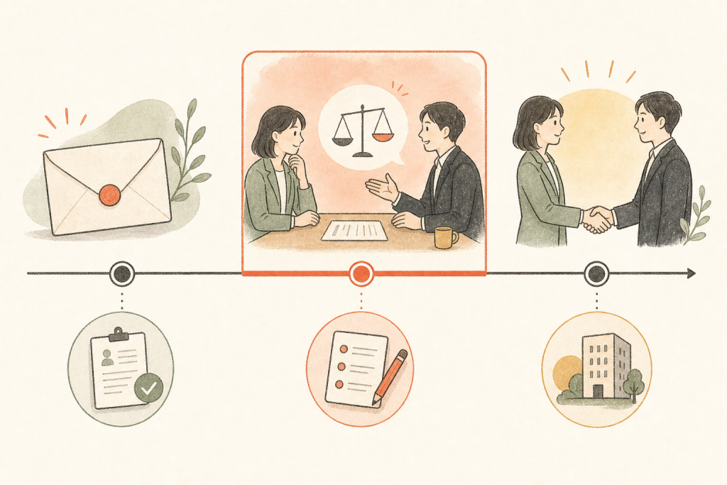 内定後から承諾前が交渉のベストタイミングであることを示すタイムライン図