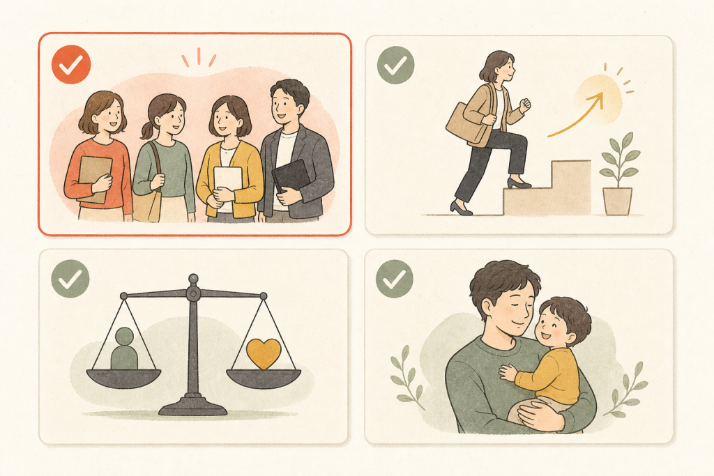 時短勤務者の存在や男性育休など働きやすい会社を見分けるチェック項目を表した図