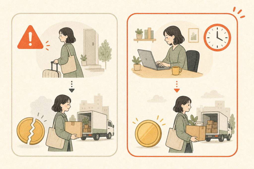 復帰せず辞める場合と一度復帰してから動く場合の給付金・時短への影響を比べた図
