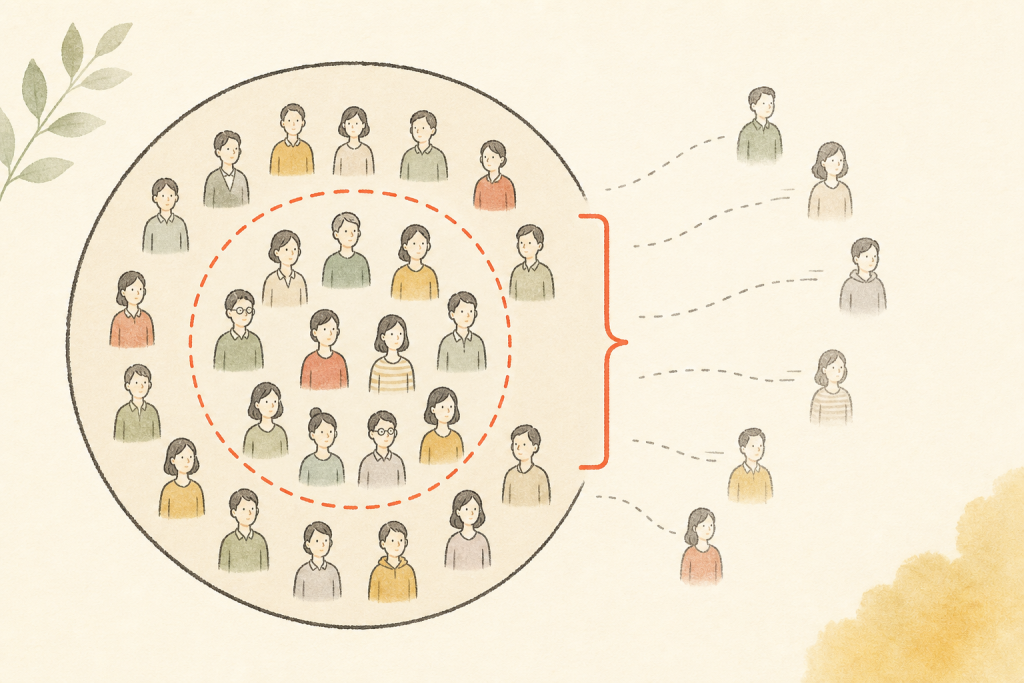 全受講生から一部が除かれた残りで成功率が計算される仕組みを表した図