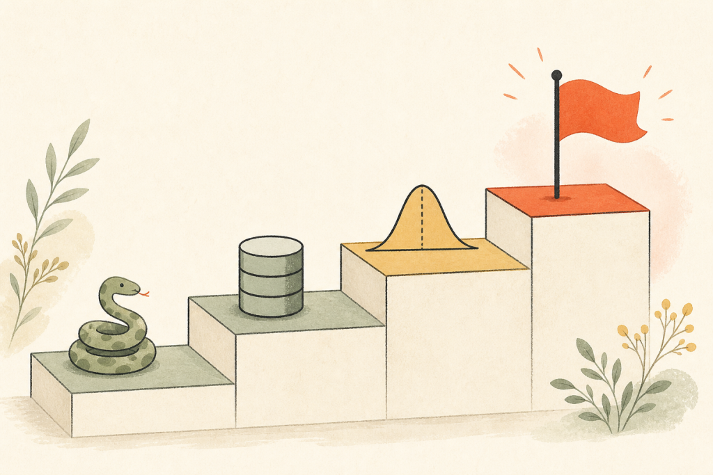 Python、SQL、統計、機械学習へと段階的に登る学習ロードマップを階段で表した図