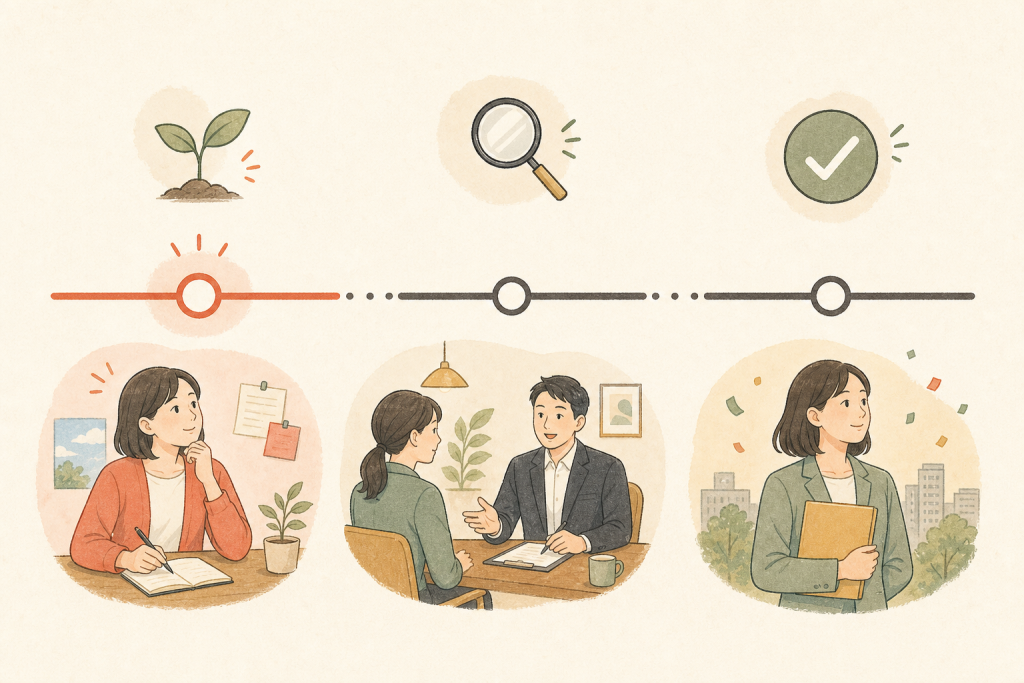 OB・OG訪問の時期によって得られるものが変わることを示したタイムライン図