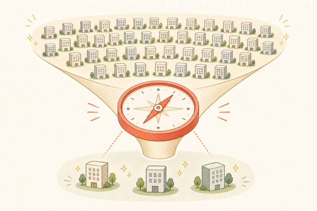 人気ランキングの上位を自分の軸というフィルターで絞り込むプロセスを示した図