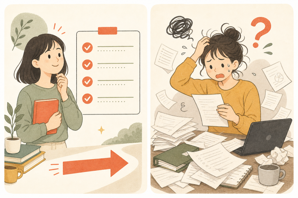 なんとかなる人とならない人の準備の違いを対比した図