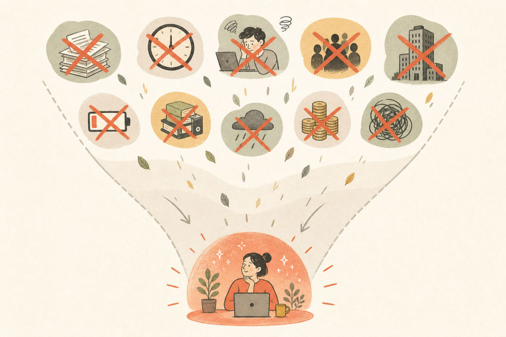 やりたくないことを除外していき、向いている方向が絞り込まれていく流れを示す図