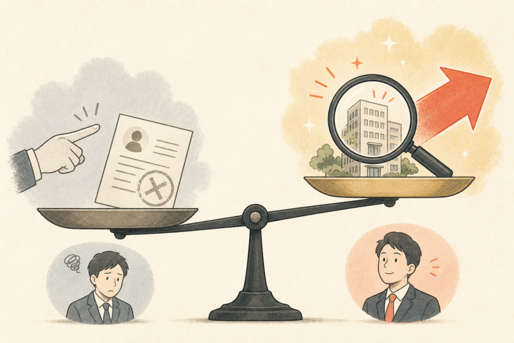 他責的で一般論的な応募者と、前向きで企業研究の深い応募者を対比した図