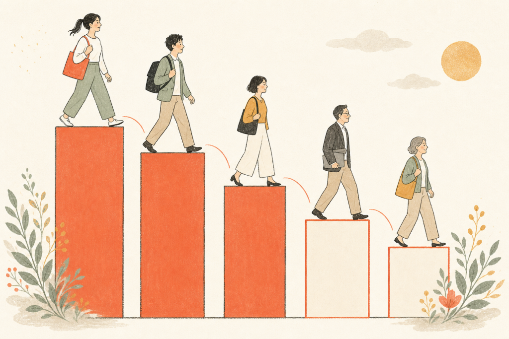 年齢が上がるほど転職入職率は下がるが40代でもゼロにならないことを示す棒グラフ風の図