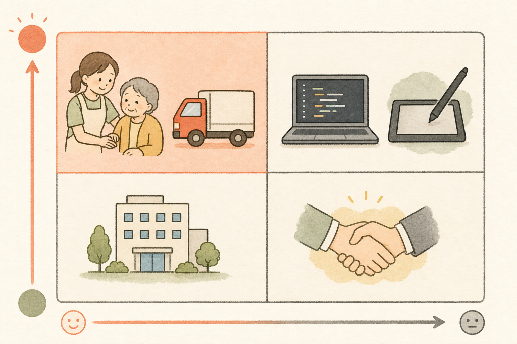40代未経験で狙いやすい職種と狙いにくい職種を四象限で整理した図