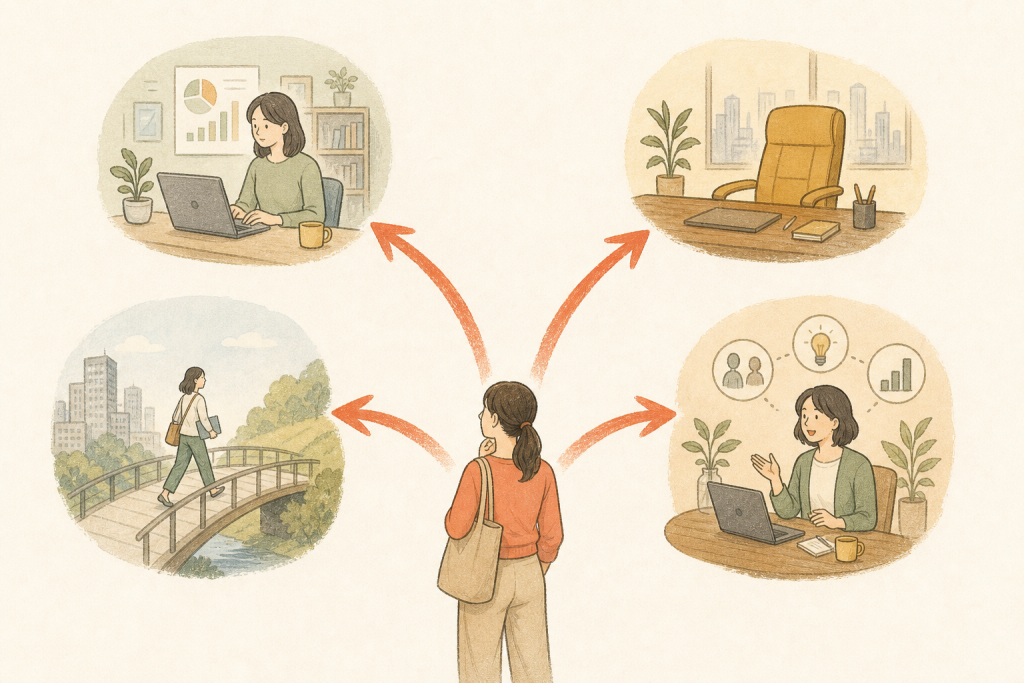 50代が取りうる四つの現実的な選択肢が枝分かれする様子を表した図